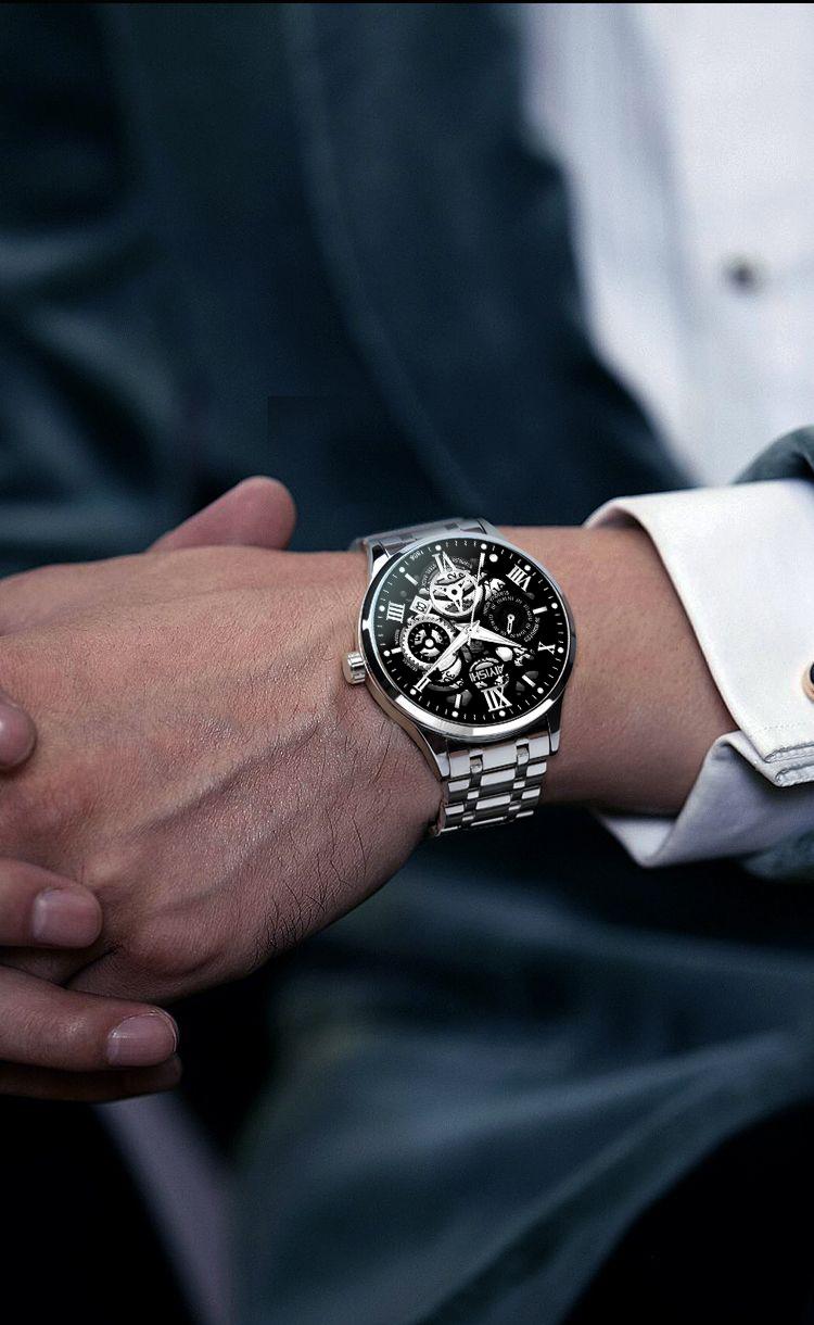 AIYISHI jam tangan pria jam tangan pria tahan air ori  Tahan Air 30 Meter Mesin Kuarsa Otomatis Bahan Stainless Steel jam analog Garansi 2 Tahun jam tangan pria casual Kaca Jam Warna Hitam watch