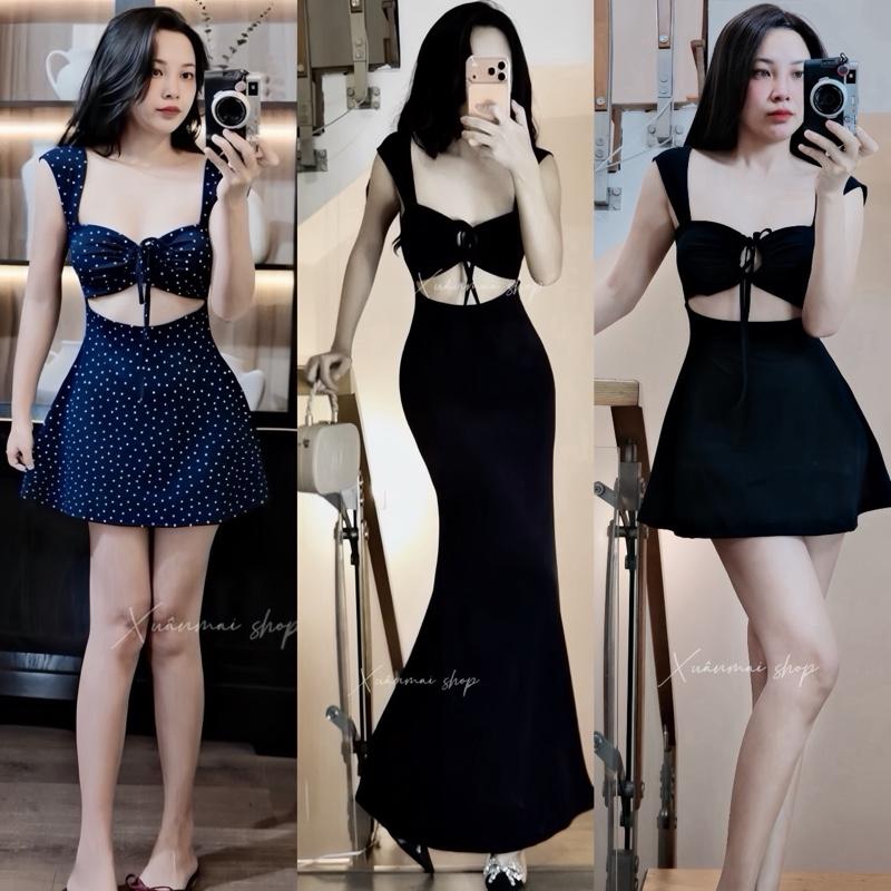 Dài-Ngắn kèm Quần Đầm BI DÂY KHOÉT RÚT TRƯỚC sẵn mút chấm bi thun tăm lạnh Xuân Mai Shop