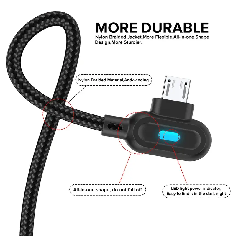Cáp USB Type C Micro 90 độ, Olaf, Dây sạc nhanh, Tương thích với iPhone, Samsung, Xiaomi, Huawei, LG, Android, Dây dữ liệu Microusb, Thiết kế khuỷu tay đôi, Thích hợp để chơi game, Hỗ trợ USB C, Sạc nhanh 3.0 và 4.0 4