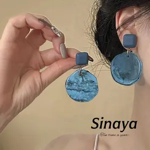 [Sinaya] Anting Akrilik Warna Biru Laut Bentuk Bulat Jarum Perak S925 Aksesoris Telinga Wanita Q1662