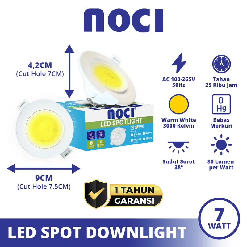 Noci Lampu LED Downlight Spot Adjustable Angle 5-7 Watt Cahaya Kuning 3000K/Putih 6500K Super Terang Hemat Daya