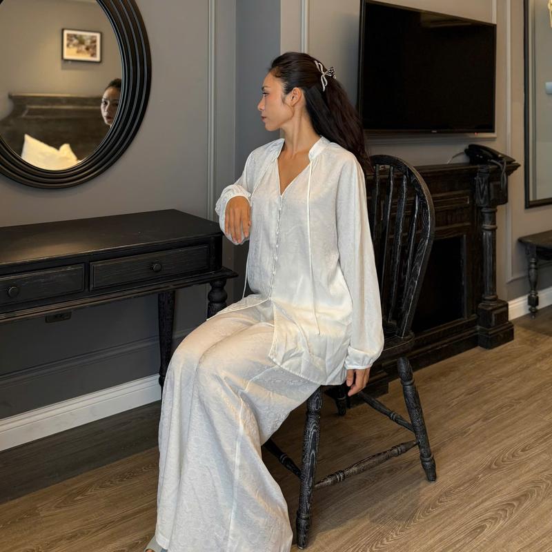 S207 Set đồ nữ gấm cao cấp cổ tim đính dây cách điệu tay bồng kèm quần suông freesize