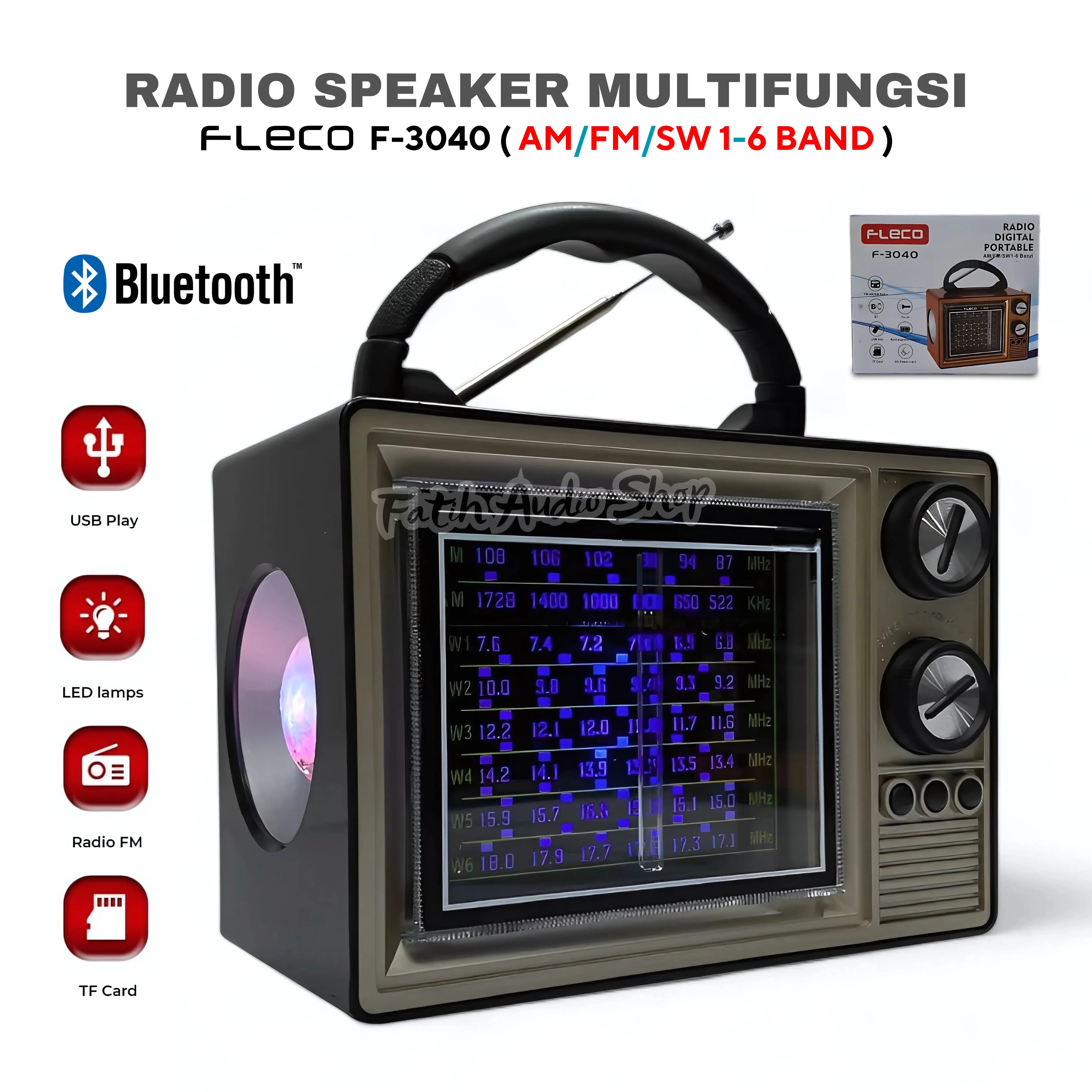 Radio Retro Portable 6 Band FM/AM/SW/TF USB digunakan untuk Bluetooth Speaker Senter Fleco F-3040 | Bluetooth speaker radio Multifungsi F 3040
