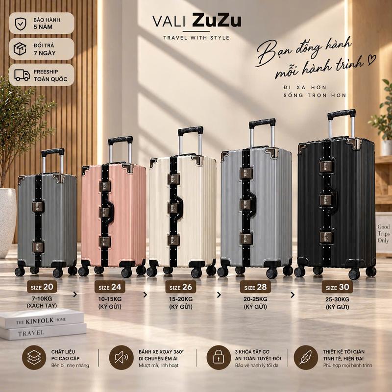 NT 99 Vali khung nhôm hàng loại 1, có ngăn đồ ướt, khay đựng cốc (Bản nâng cấp size 24,26,28 3 khóa sập )