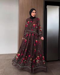 Gambar GONEGANI OFFICIAL - Dress Wanita Motif Bunga Bahan Organza Tissue Floral Embroidery Halwa Dress - Mocca dari gonegani_NEW Kota Bandung 3 Tokopedia