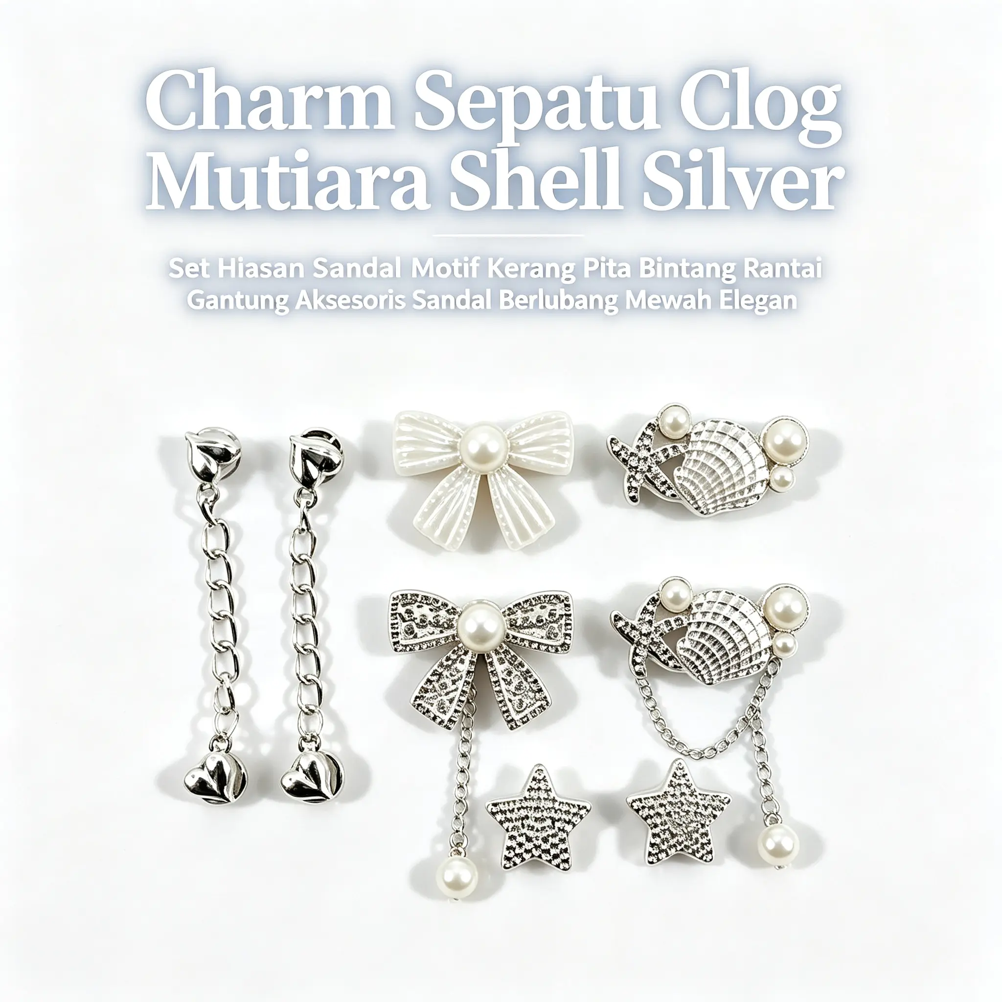 Charm Sepatu Clog Set Aksesoris Hiasan Sandal Motif Pita Mutiara Kerang Bintang Rantai Logam Cantik Elegan Cocok Untuk Dekorasi Sepatu Lubang Wanita Gaya Mewah Modis