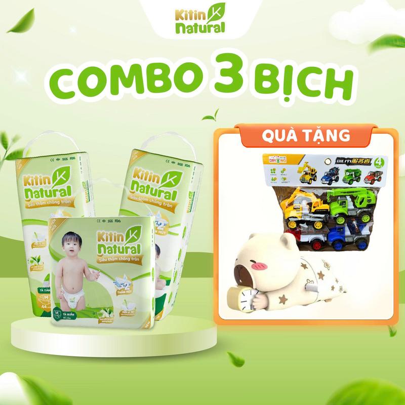 COMBO 3 BỊCH + QUÀ Mua COMBO 3 BỊCH TÃ BỈM QUẦN DÁN Kitin Natural mỏng nhẹ thấm hút tốt đủ size NB S M L XL XXL 3XL 4XL cho bé + Tặng quà dễ thương