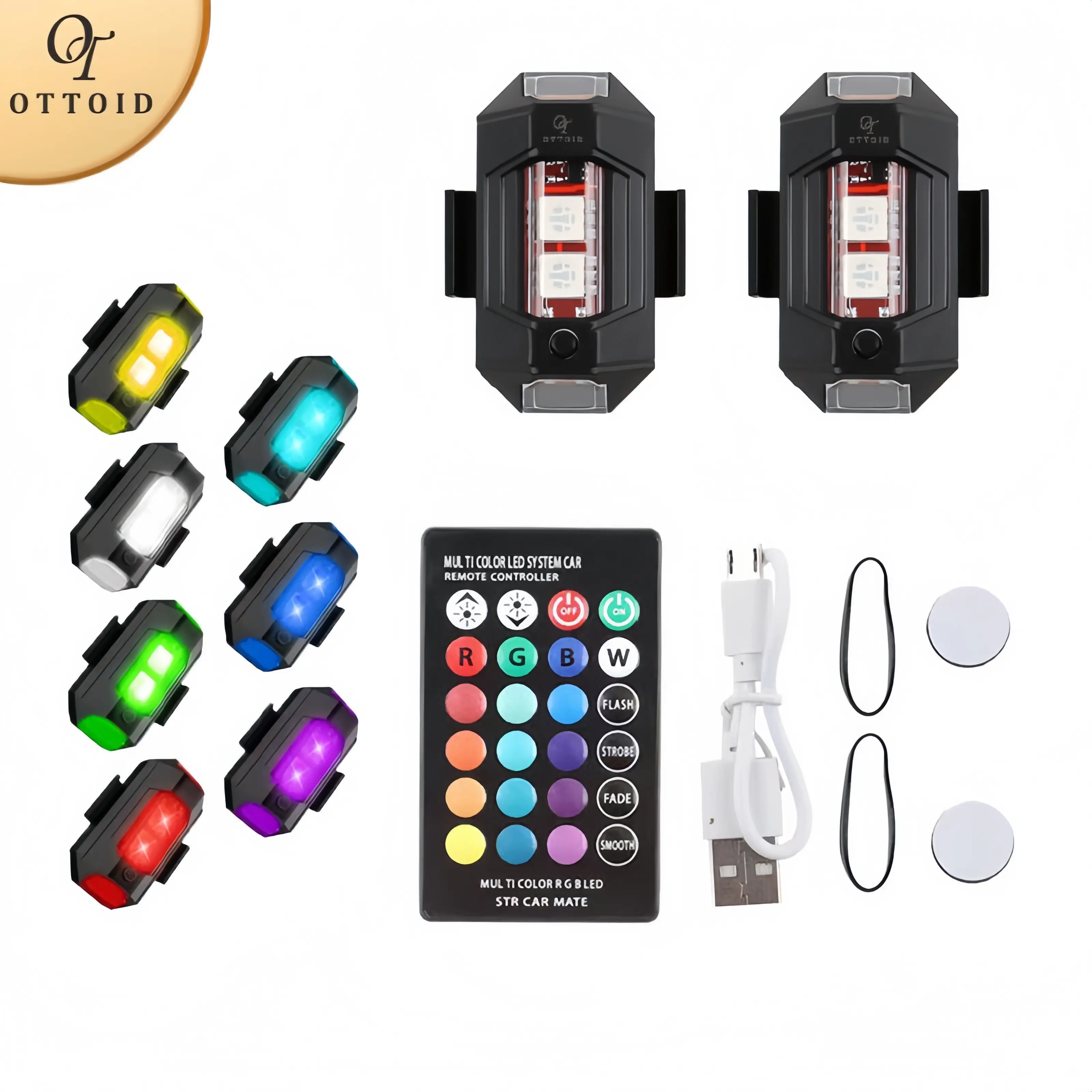 OTTOID Lampu Strobo Pesawat LED 7 Warna Universal Kendali Jarak Jauh Multi-mode Anti Air untuk Mobil & Motor Aksesoris Kendaraan Port Charger USB Karet Gelang Car