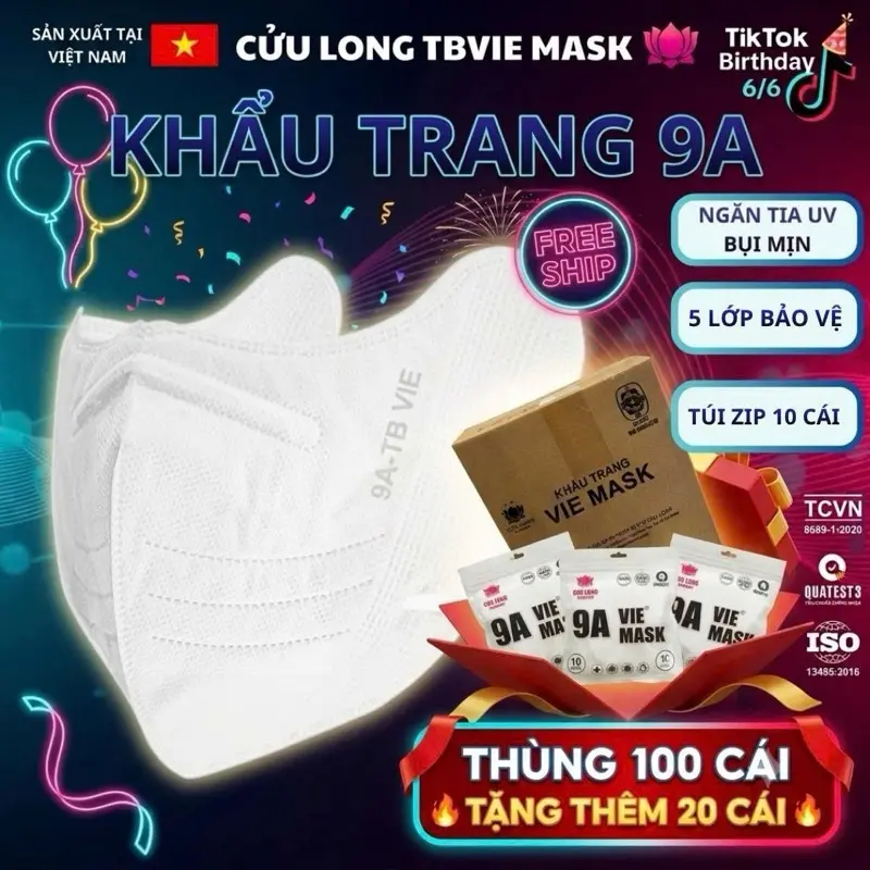 5 LỚP THÙNG 100 TẶNG 20 Khẩu trang 9A TBVIE MASK Kháng Khuẩn Chống Nắng Bụi Mịn Túi Zip 10 Cái Màu Sắc Đa Dạng Cho Người Lớn