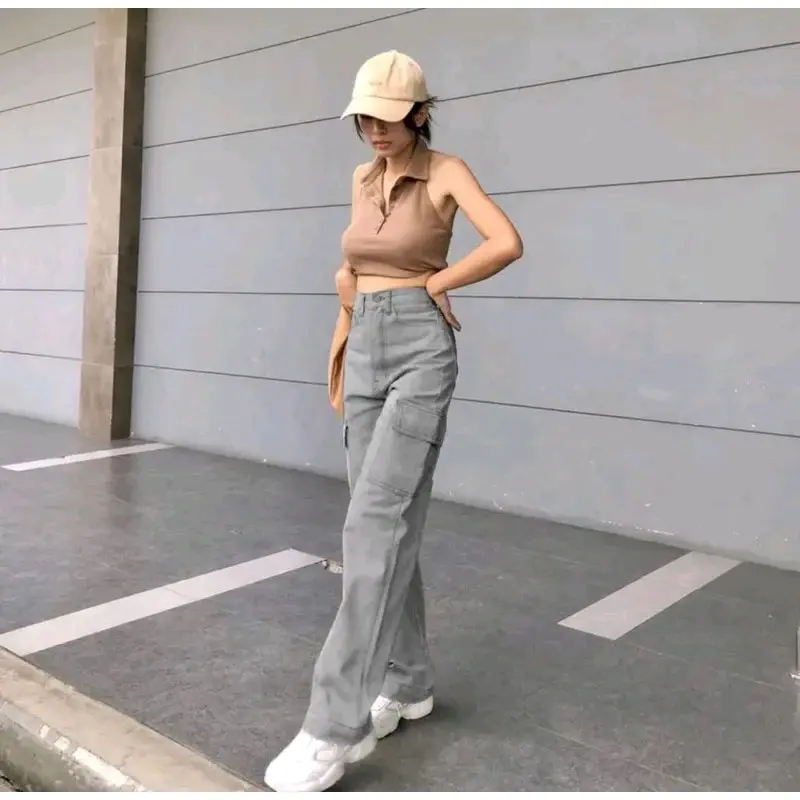 Highwaist Jeans Cargo Loose Hangover Celana Cargo Jeans Highwaist Terbaru Grey Panjang Korean regular kulot 1