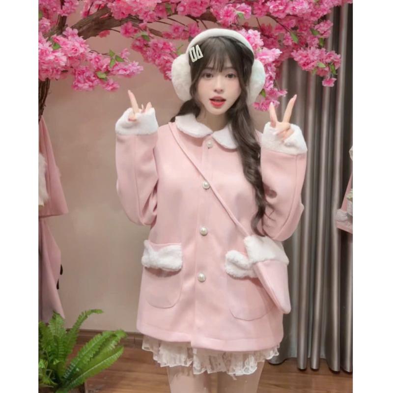 (KÈM TÚI) Áo khoác kiểu nữ AK127 chất dạ ép lông cừu họa tiết khuy ngọc có túi form rộng dài tay thu đông Hàn Quốc Kozoda