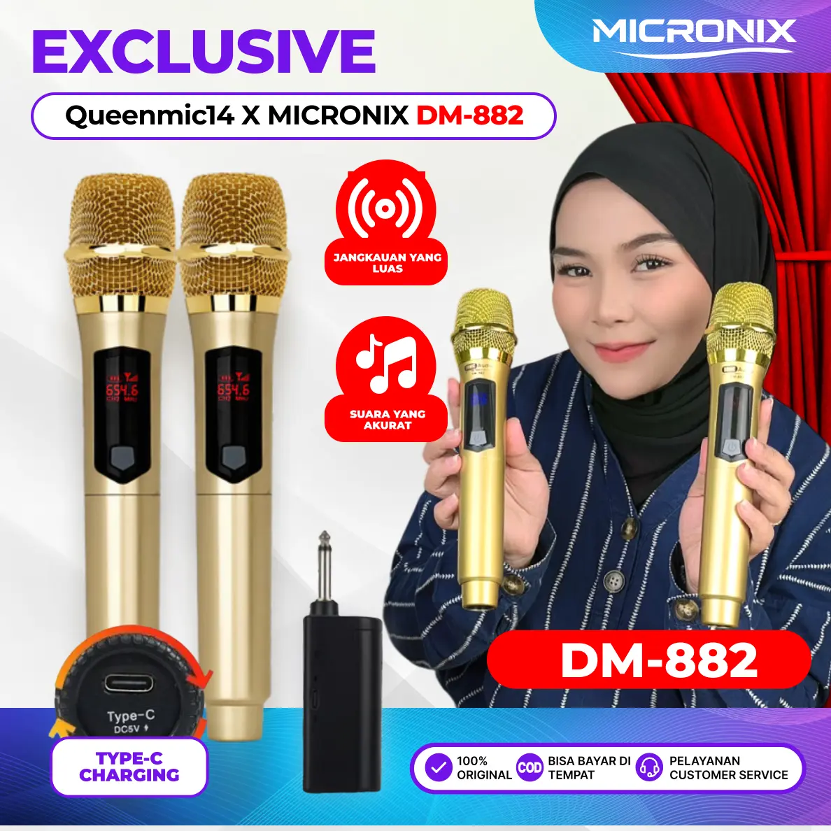 MICRONIX Wireless Microphone Profesional DM-882 Gold Edition untuk Kebutuhan Meeting Karaoke & Event