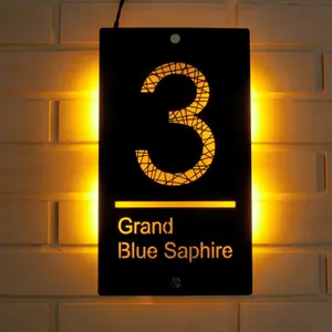 Nomor Rumah Motif Garis Abstrak Black Doff Lampu LED Angka Nomer Rumah Akrilik