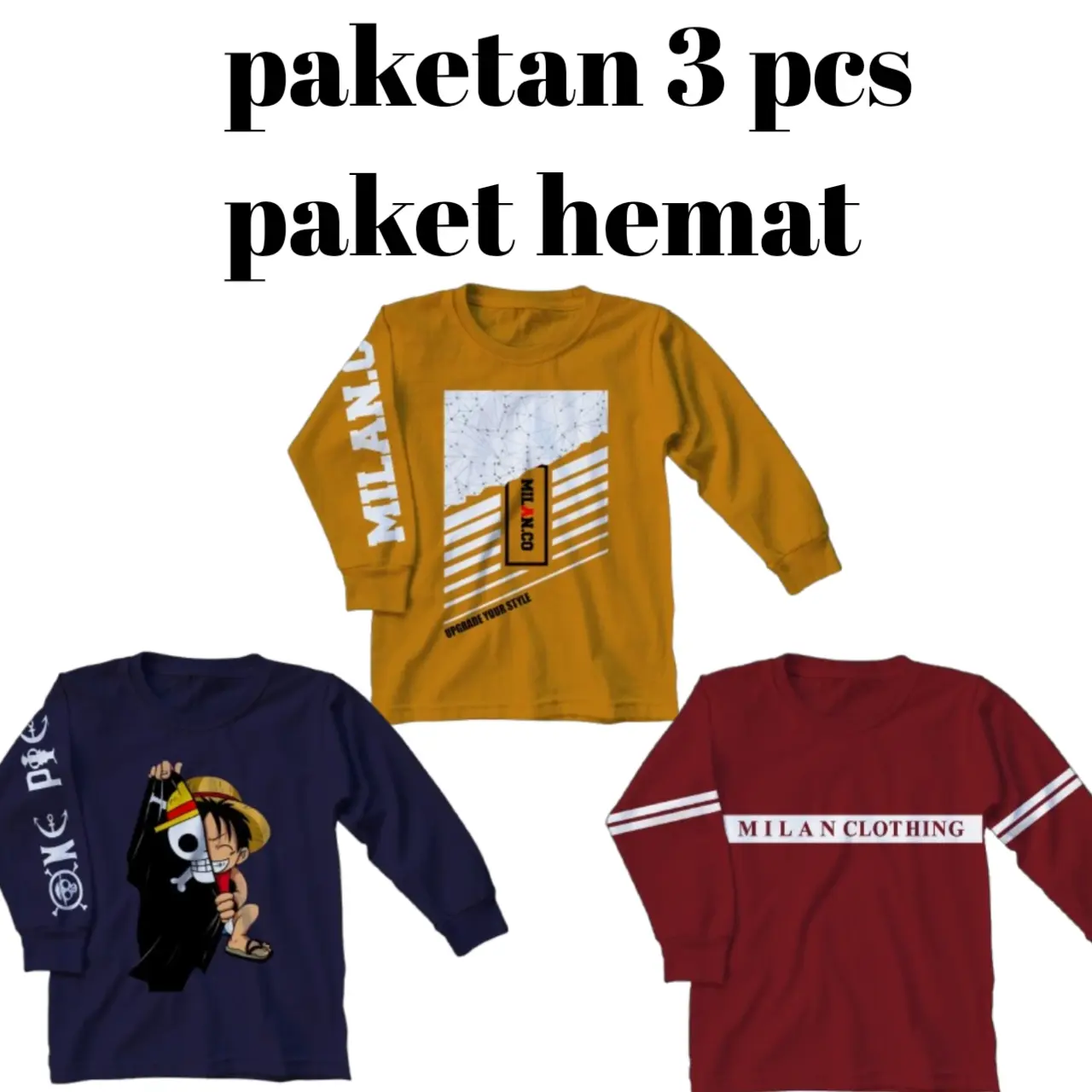 Paket 3 Pcs Baju Anak Laki-Laki Lengan Panjang Distro Fashion untuk Usia 3,5 / 14 Tahun