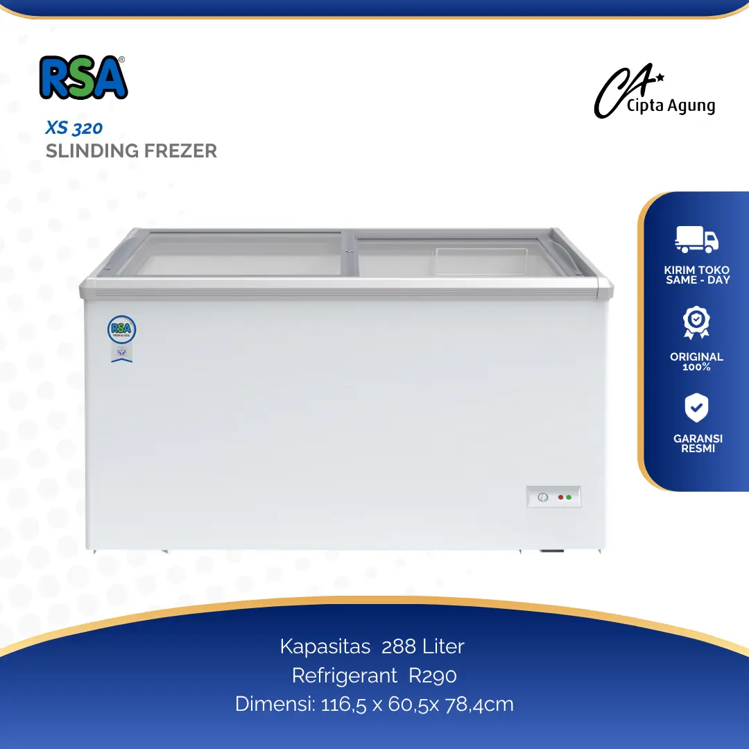 RSA CHEST FREEZER SLIDING FLAT GLASS XS-320 FREEZER SLIDING KACA FLAT KAPASITAS 288 LITER ORIGINAL GARANSI RESMI CHEST FREEZER SLIDING FLAT GLASS 288 L RSA XS 320 XS-320 XS320 [BDG]