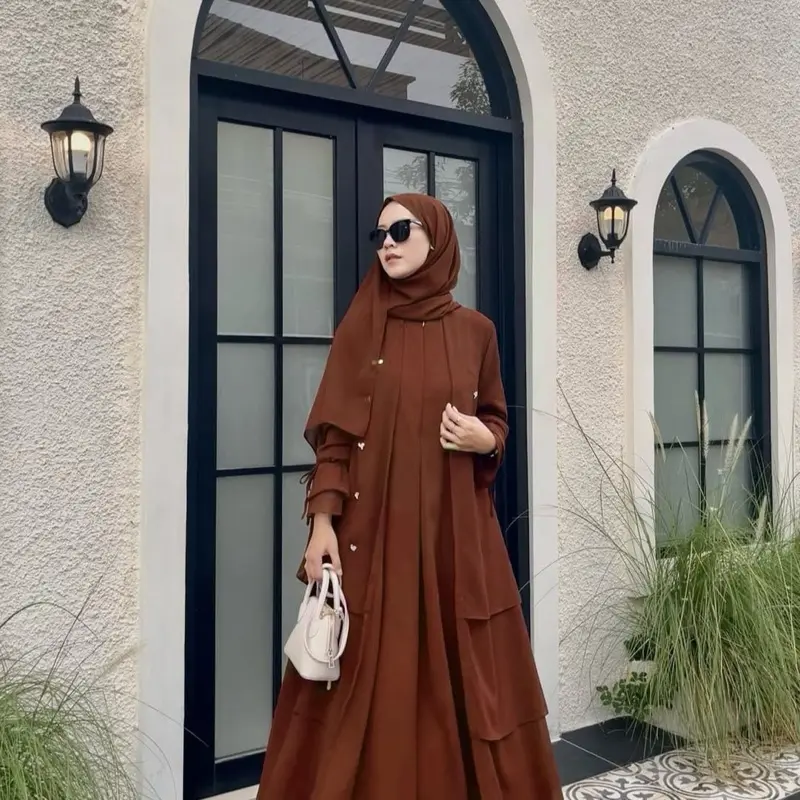 Abaya Sabrina Kekinian Bahan Ceruty Babydoll Mewah Elegan - Muslim Wanita Mahagony Kekinian - Pesta, Remaja, Turki, Kaftan, Gamis, Lebaran, Dewasa, Dress