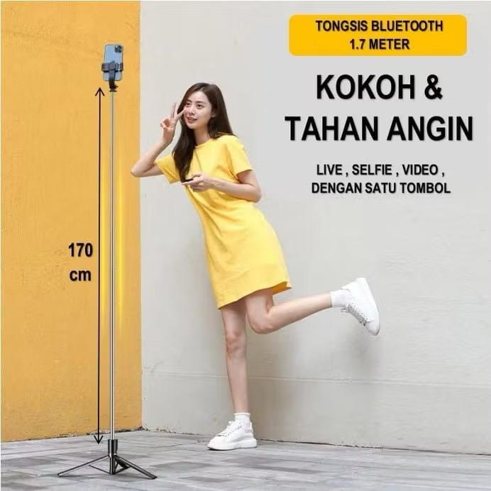 Tongsis Tripod 1,7 Meter Bluetooth + LED Light 360 derajat Alumunium Steel Stick Selfie Vlog Live