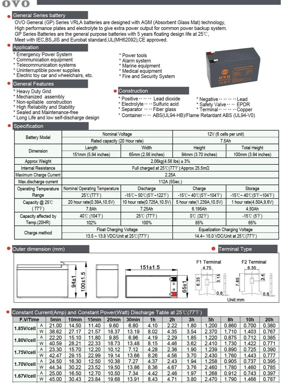 Baterai UPS OVO 12V 7.5AH VRLA NA12V-7.5A