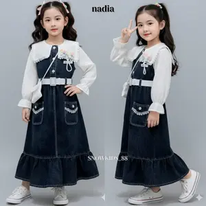 SNOWKIDS_88 - Dress Gamis Jeans Mix Brukat Anak Perempuan Usia 3-10 Tahun Viral Gamis Lebaran Terbaru 2026 Fashion Anak Kekinian - COD