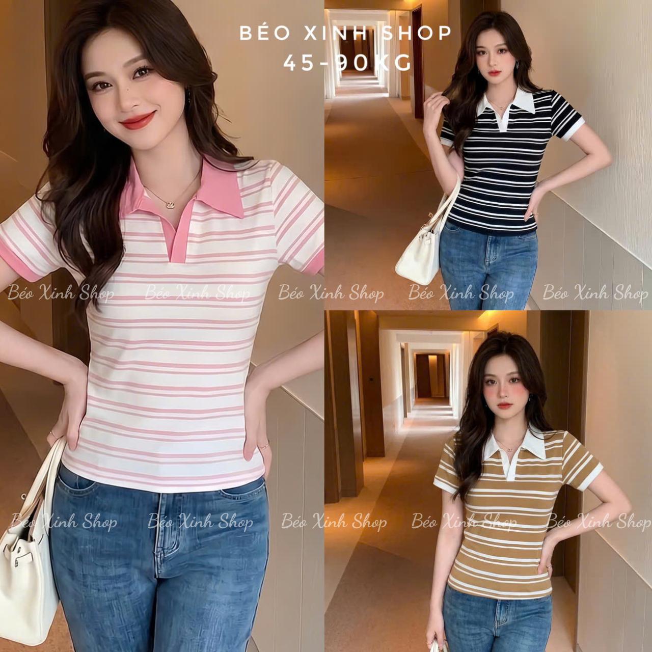 Thời Trang Bigsize Áo Thun Polo Phối Cổ Trắng Cao Cấp Thanh Lịch Vải Borit Sọc Bigsize Từ 45 - 90Kg Dễ Thương Top Nữ Women - B.1801