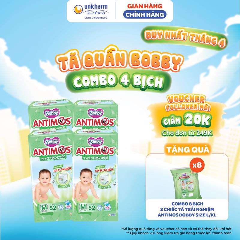 [LS] Combo 4 Tã Quần Xua Muỗi Bobby Antimos Siêu Thấm Khô Thoáng – Hàng Rào Sả Tự Nhiên Bye Muỗi 8H - Size M/L/XL/XXL 52 Miếng