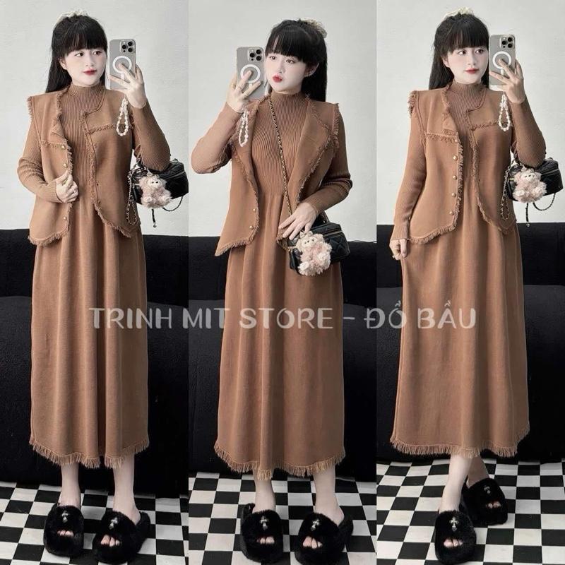 HÀNG QC Set Váy Len Dáng Dài & Áo Gile Hàng QC Loại 1 - Len Mềm Dày Dặn Co Giãn Tốt