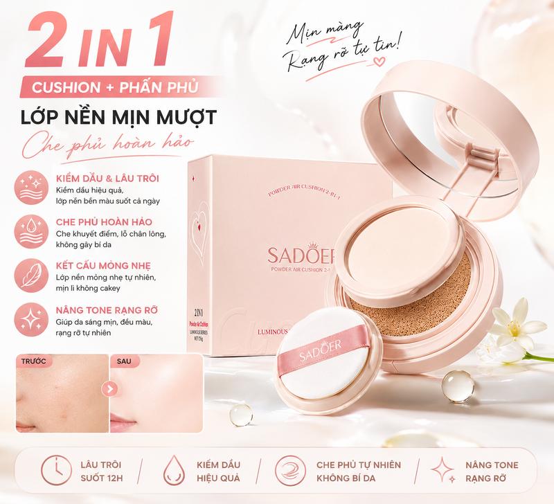 Phấn Nước Cushion 2IN1 & Phấn Phủ - Đệm Khí Hai Lớp, Kiềm Dầu 12h, Lâu Trôi | 1…