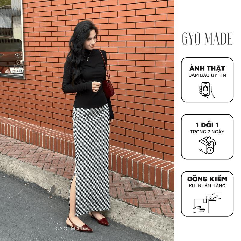 Mở bán Chân Váy Kẻ Caro Xẻ Tà GYOMADE Dáng Bút Chì Chữ A Nhẹ Chất Chéo Kate May 2 Lớp Tôn Dáng | GV036