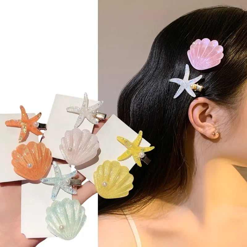 Kẹp tóc vỏ sao biển xanh lá bạc hà, kẹp tóc mái bên ngọt ngào, phụ kiện tóc bên bờ biển dễ thương Nữ Women Voi 0