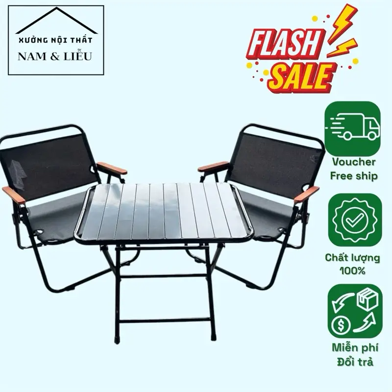 [1 bàn 2 ghế] bộ 1 bàn nan lá sắt đen và 2 ghế camping mini xếp gấp gọn