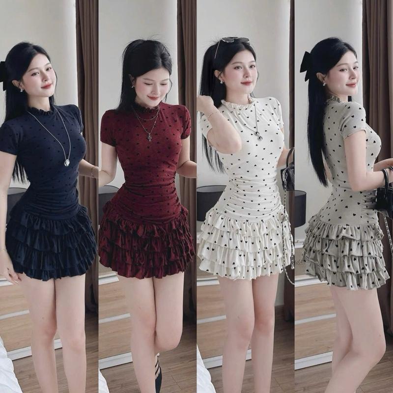 VÁY BÈO CỔ TAY CỘC CỔ BÈO CHÂN VÁY TẦNG PHUN TIM NHUNG - Hân Linh shop