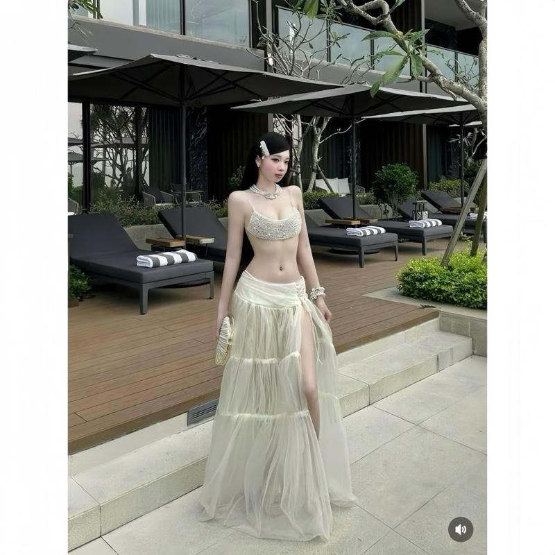 Set Bikini 3 Món Cao Cấp: Bra Đính NGỌC TRAI + Chân Váy Tơ Tầng Dài Quyến Rũ