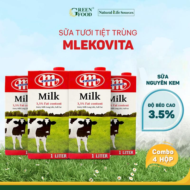 Combo 4 Hộp Sữa tươi tiệt trùng Mlekovita nguyên kem không đường Hộp 1 Lít - Độ béo 3,5%, nhập khẩu Ba Lan