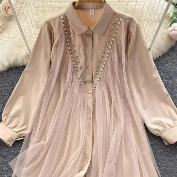 Risa Kemeja wanita mix tile aplikasi mutiara Jumbo tunik BIG SIZE Tunik Over size S M L XL XXL 3XL 5 L Atasan Kancing