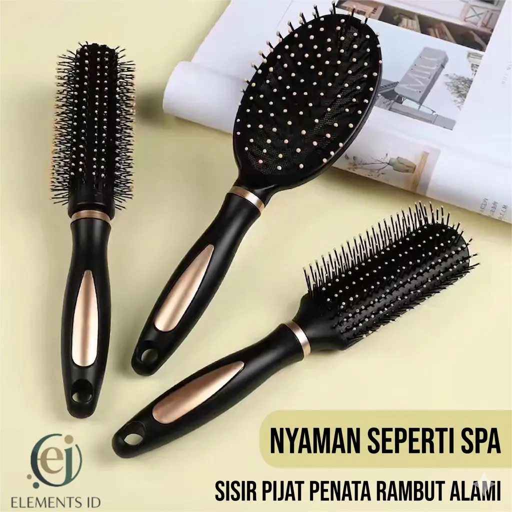 Elements ID Set 3 Pcs Sisir Rambut Anti Kusut Paddle Brush Oval Bulat Kotak Sisir Pijat Bantalan Udara Anti Statis Hairbrush Massage Aesthetic