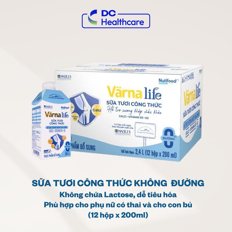 (MỚI SỮA XƯƠNG KHỚP VỊ TỰ NHIÊN) TPBS Thùng 12 hộp 200ml Nutifood Varna Life (Xanh biển) Sữa tươi công thức hỗ trợ xương khớp chắc khỏe Bổ sung thêm Canxi, D3, K2 không đường (12 hộp x 200ml)