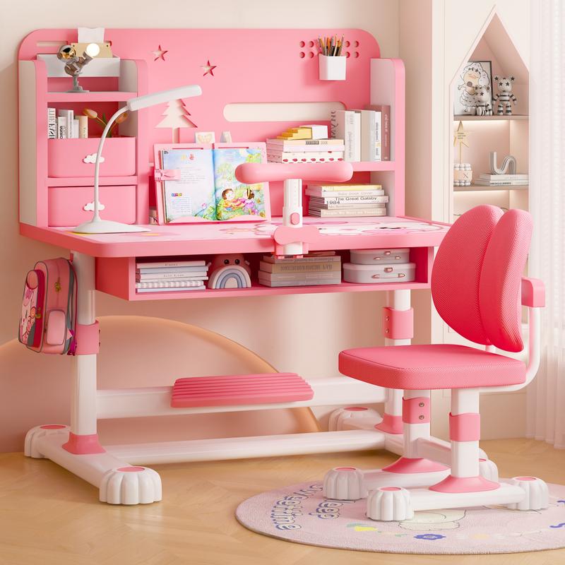 ( Bộ quà 5 món) Bộ bàn ghế D50 cho bé cao cấp chống gù cho bé nâng hạ chiều cao kệ sách thông minh, bàn học chống gù