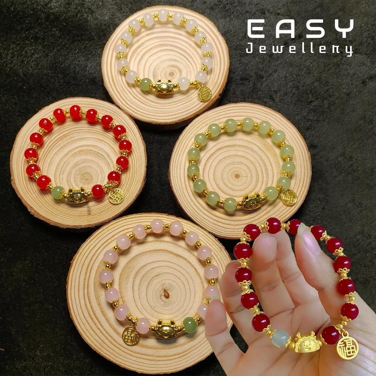 Gelang Tangan Wanita Giok Manik Manik Shio Naga Keberuntungan Lucky Dragon Beaded Bracelet