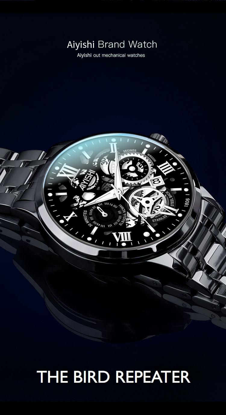 Jam Tangan Pria AIYISHI Tipe Olahraga Multi-Fungsi dengan Mesin Kuarsa Otomatis, Kaca Jam Warna Hitam, Bahan Stainless Steel, Tahan Air 30 Meter, Garansi 2 Tahun-1806