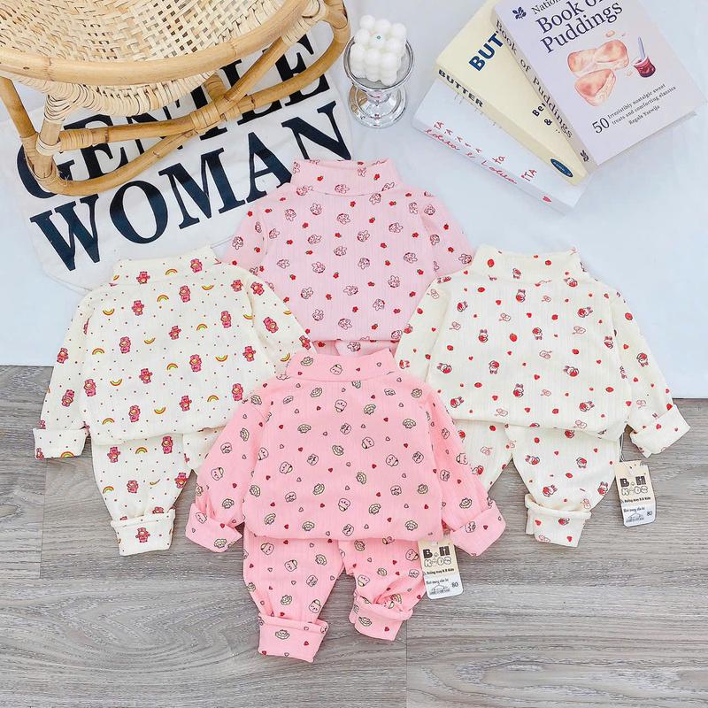BỘ DÀY CỔ CAO bộ quần áo thun tăm dài tay thu đông họa tiết in kín cho bé gái size 6-16kg
