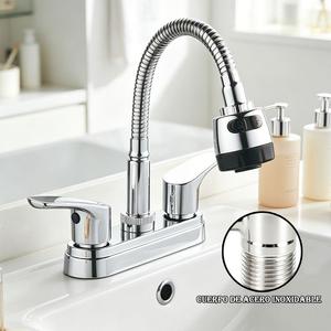 Grifo para Lavabo de Baño, Llaves para Lavabo Baño, Mezcladora para Lavabo de Baño, Doble Comando, Cuello de Acero Inoxidable, Cuerpo de Acero Inoxidable, Color Plateado, Acabado Cromado