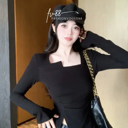 fv88 - Atasan Top Wanita Slim Bodycon Basic Casual Simple Lengan Panjang Polyester Premium Tebal Lembut Size S, M, L Baju Kerja Nyaman Stretch Formal Tangan 3