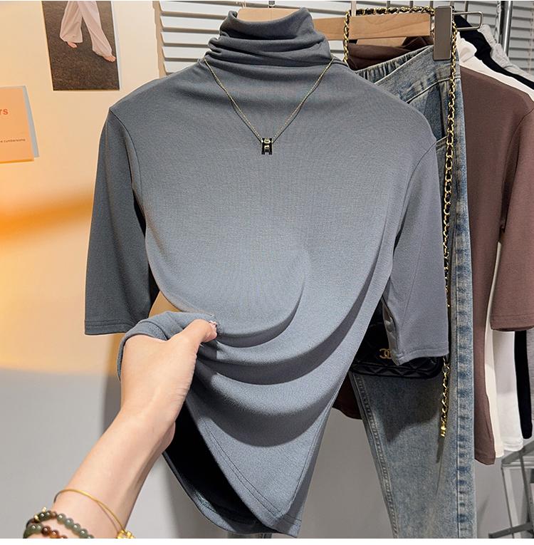 Product Introduction of Shoulder-length black half-high neck mid-sleeve t-shirt women's pre-fall 2024 undershirt with five-quarter sleeve top 16