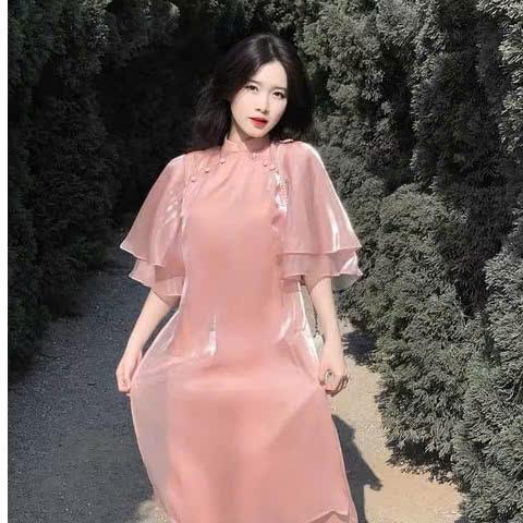 Sét bộ áo dài thời trang mặc dự tiệc chất liệu lụa mềm phối voan tay ngắn mix quần Voi Nữ Women Sen