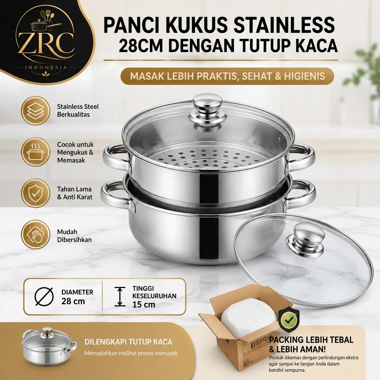 ZRC panci Kukus 2 Susun dandang Tutup Kaca panci Siomay kukusan Stainless Steel Kitchenware panci original stainliess tahan terhadap panas