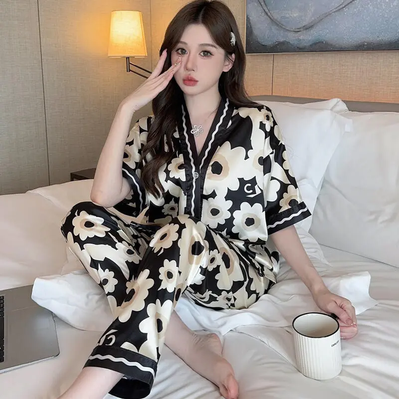 bu tidur wanita murah Sexy Floral Plus Size lady Pamas Women Summer Ice Silk Thin Short Sleeved Trousers Two Piece Suit Printed sleepwear