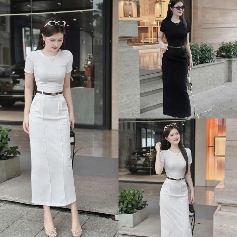 [HÀNG CÓ SẴN] E94 Set ( áo và chân váy) áo thun phối chân váy thô kaki kèm 1 đai da