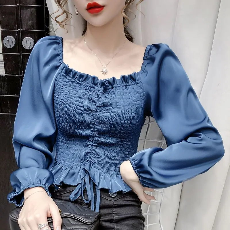 Blouse Women Korean Style New Design 2024 French Drawstring Long-sleeved Shirt Women Pre-fall New One-shoulder Design Is Thin and Versatile Cropped Top Tren