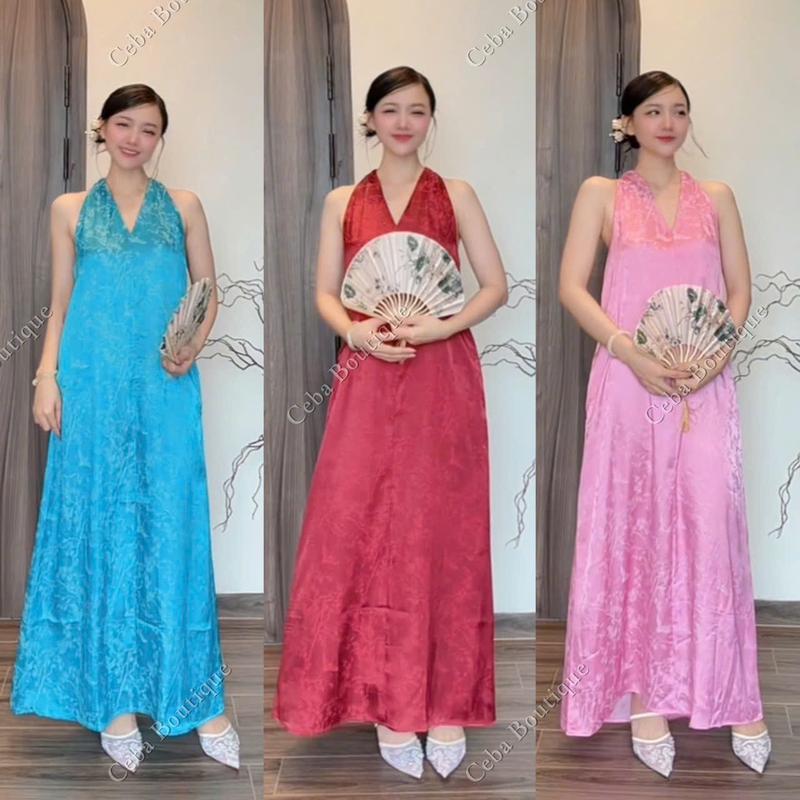  D171 - Đầm Lụa Gấm 2 Da Cổ Yếm Fom Suông Che Khuyết Điểm CEBA BOUTIQUE 