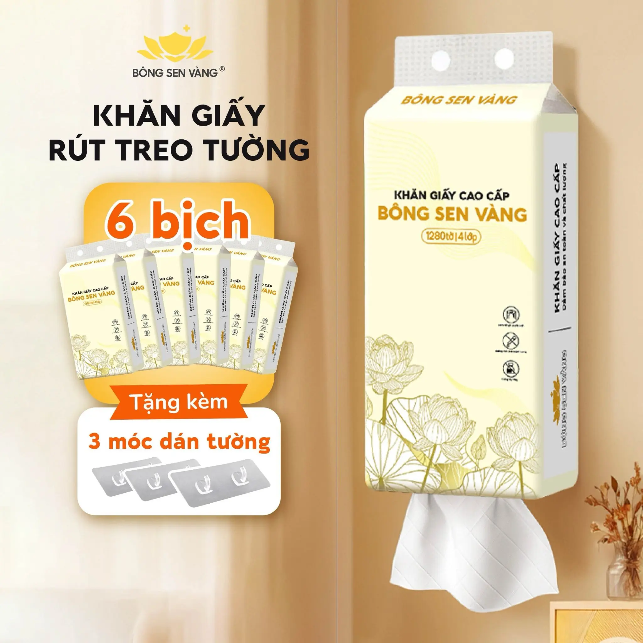 Khăn Giấy Rút Treo Tường 1280 Tờ Bông Sen Vàng- GIẤY TO - Siêu Dày Dặn - Giấy Vệ Sinh, Giấy Ăn